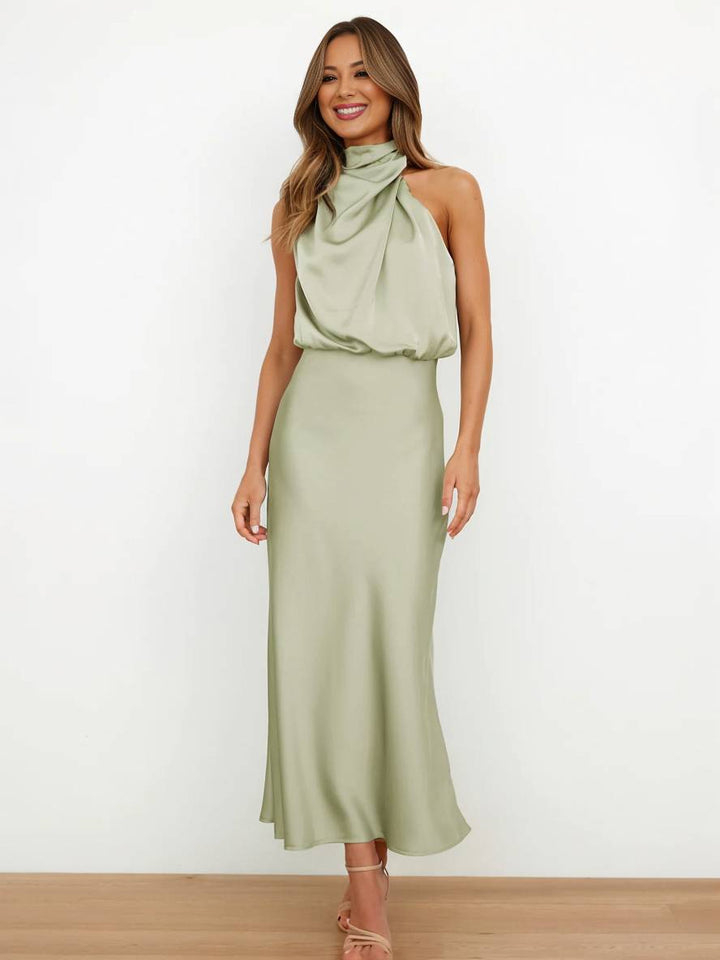 Echoarchiv | Lange Satin Brautjungfernkleid Unregelmäßiger Rollkragen Halsband Ärmless Elegant Abendkleid für Hochzeit
