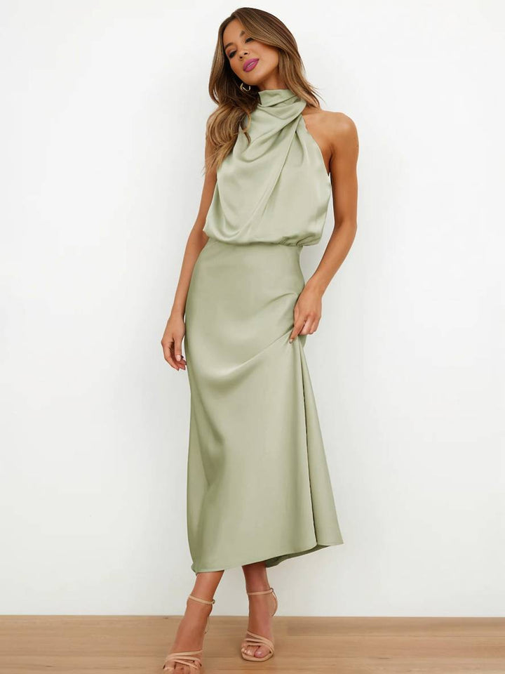Echoarchiv | Lange Satin Brautjungfernkleid Unregelmäßiger Rollkragen Halsband Ärmless Elegant Abendkleid für Hochzeit