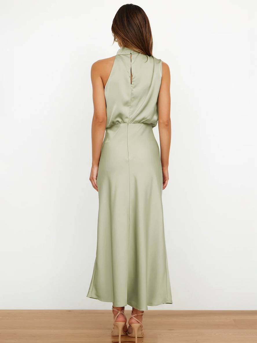 Echoarchiv | Lange Satin Brautjungfernkleid Unregelmäßiger Rollkragen Halsband Ärmless Elegant Abendkleid für Hochzeit