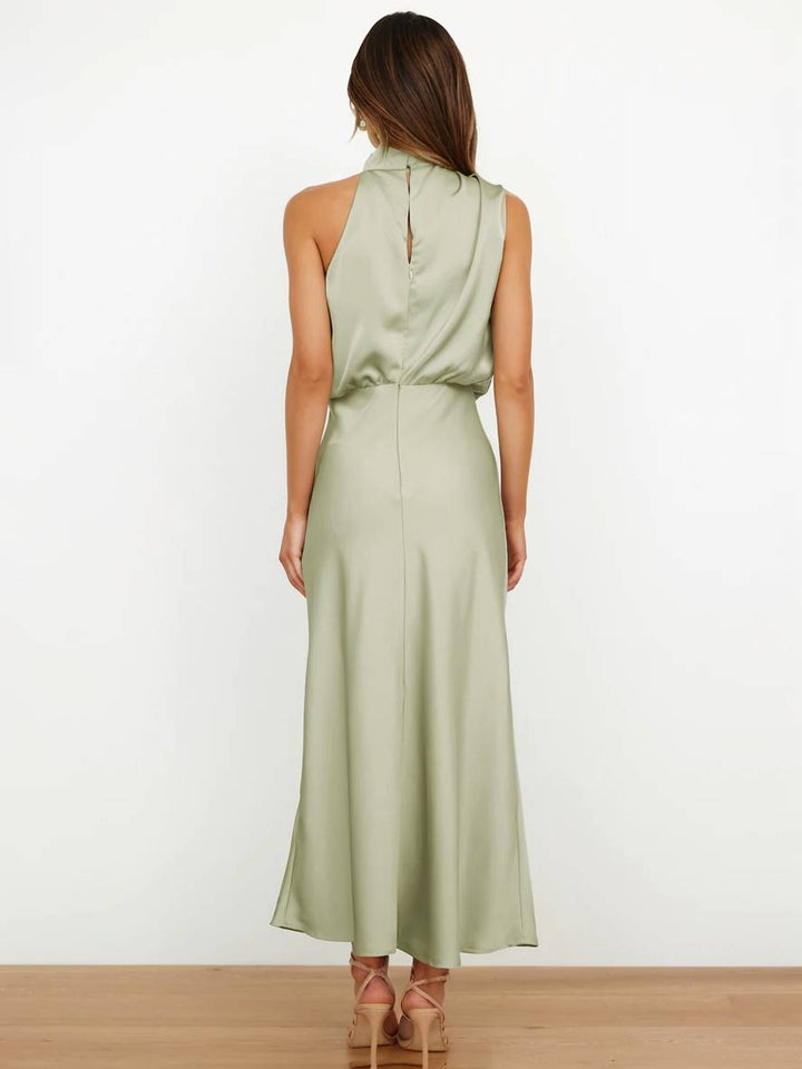 Echoarchiv | Lange Satin Brautjungfernkleid Unregelmäßiger Rollkragen Halsband Ärmless Elegant Abendkleid für Hochzeit