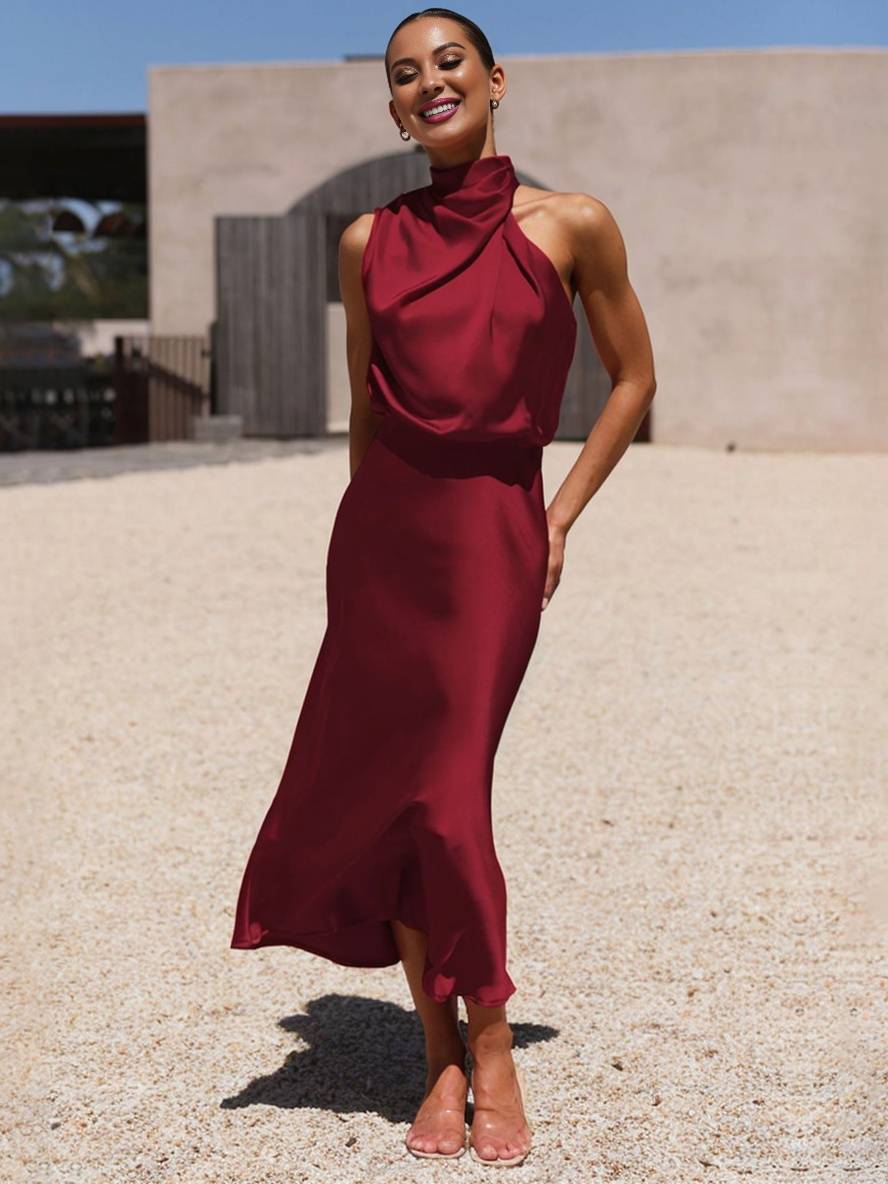 Echoarchiv | Lange Satin Brautjungfernkleid Unregelmäßiger Rollkragen Halsband Ärmless Elegant Abendkleid für Hochzeit