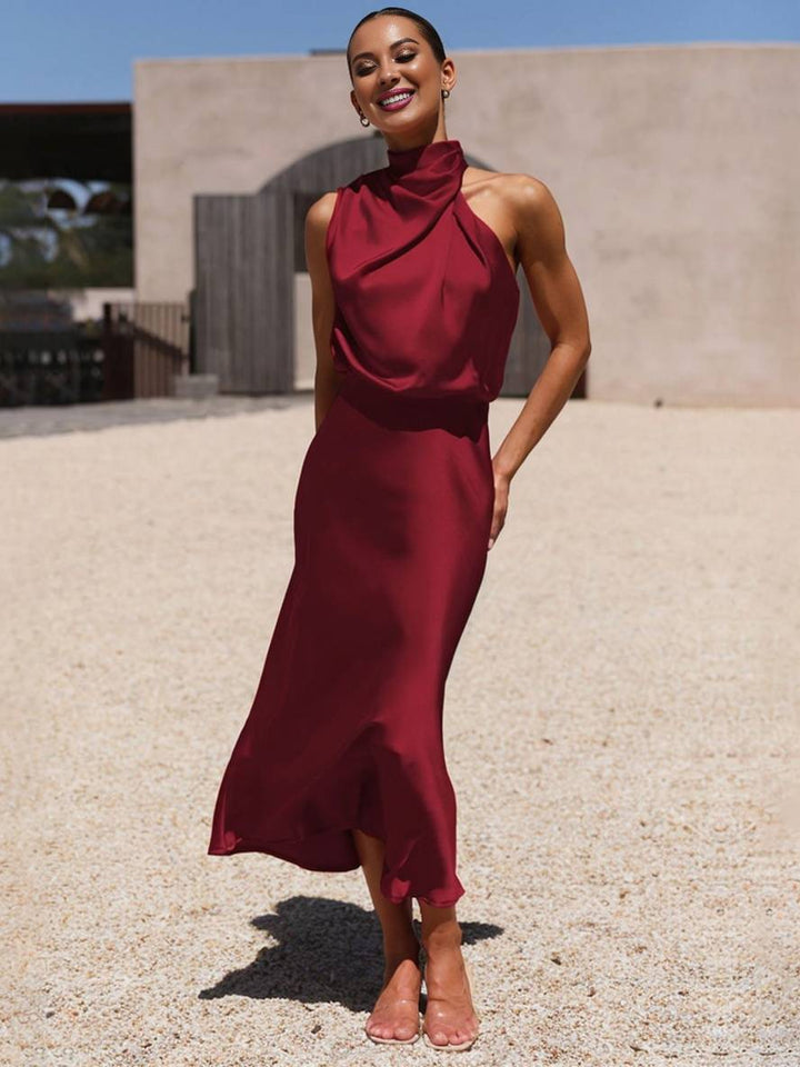 Echoarchiv | Lange Satin Brautjungfernkleid Unregelmäßiger Rollkragen Halsband Ärmless Elegant Abendkleid für Hochzeit