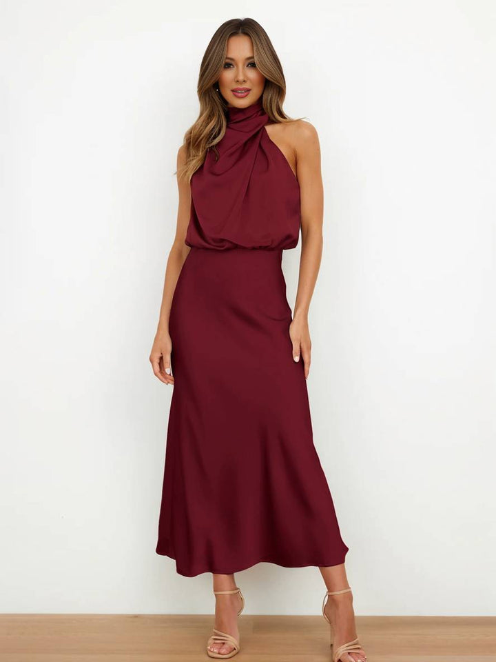 Echoarchiv | Lange Satin Brautjungfernkleid Unregelmäßiger Rollkragen Halsband Ärmless Elegant Abendkleid für Hochzeit