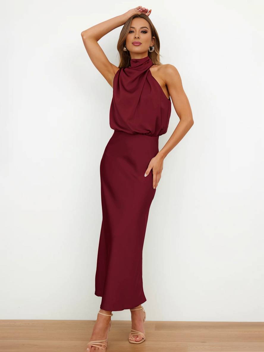 Echoarchiv | Lange Satin Brautjungfernkleid Unregelmäßiger Rollkragen Halsband Ärmless Elegant Abendkleid für Hochzeit