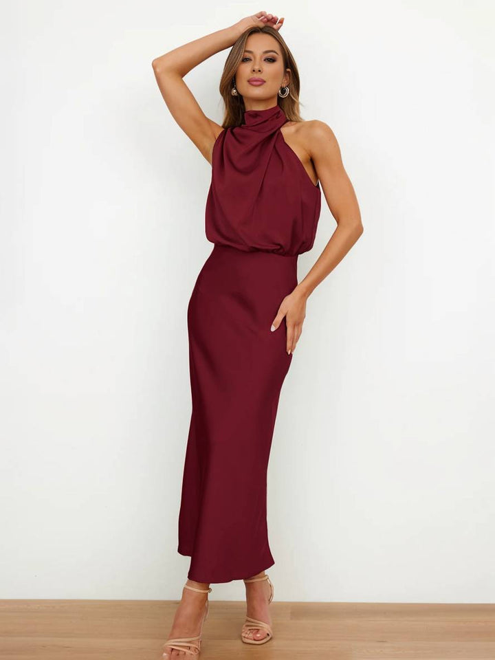 Echoarchiv | Lange Satin Brautjungfernkleid Unregelmäßiger Rollkragen Halsband Ärmless Elegant Abendkleid für Hochzeit