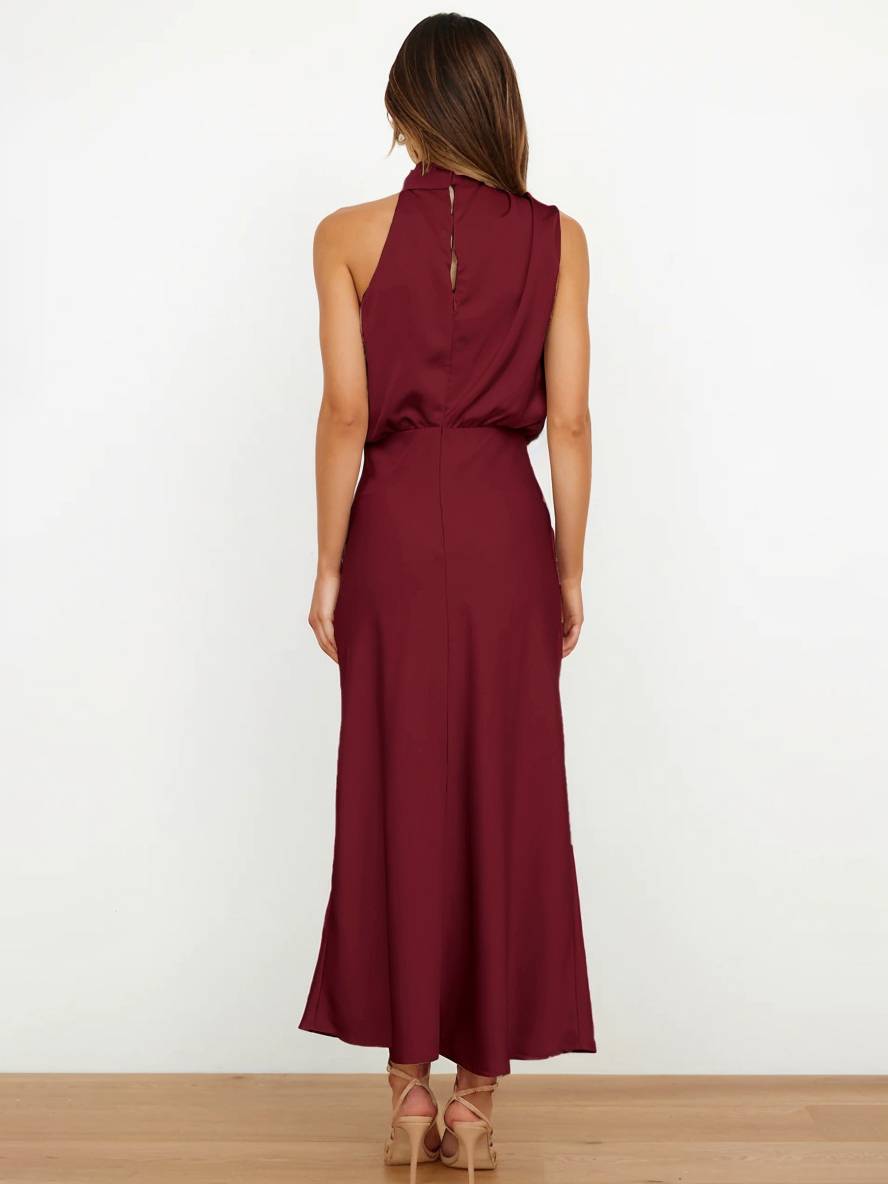 Echoarchiv | Lange Satin Brautjungfernkleid Unregelmäßiger Rollkragen Halsband Ärmless Elegant Abendkleid für Hochzeit