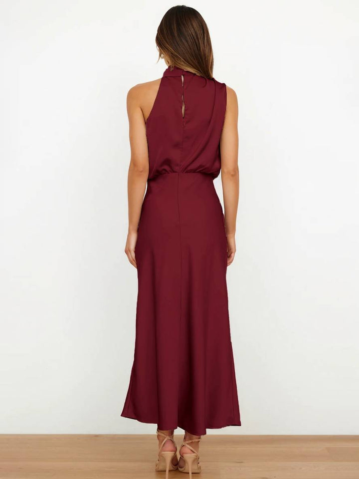 Echoarchiv | Lange Satin Brautjungfernkleid Unregelmäßiger Rollkragen Halsband Ärmless Elegant Abendkleid für Hochzeit