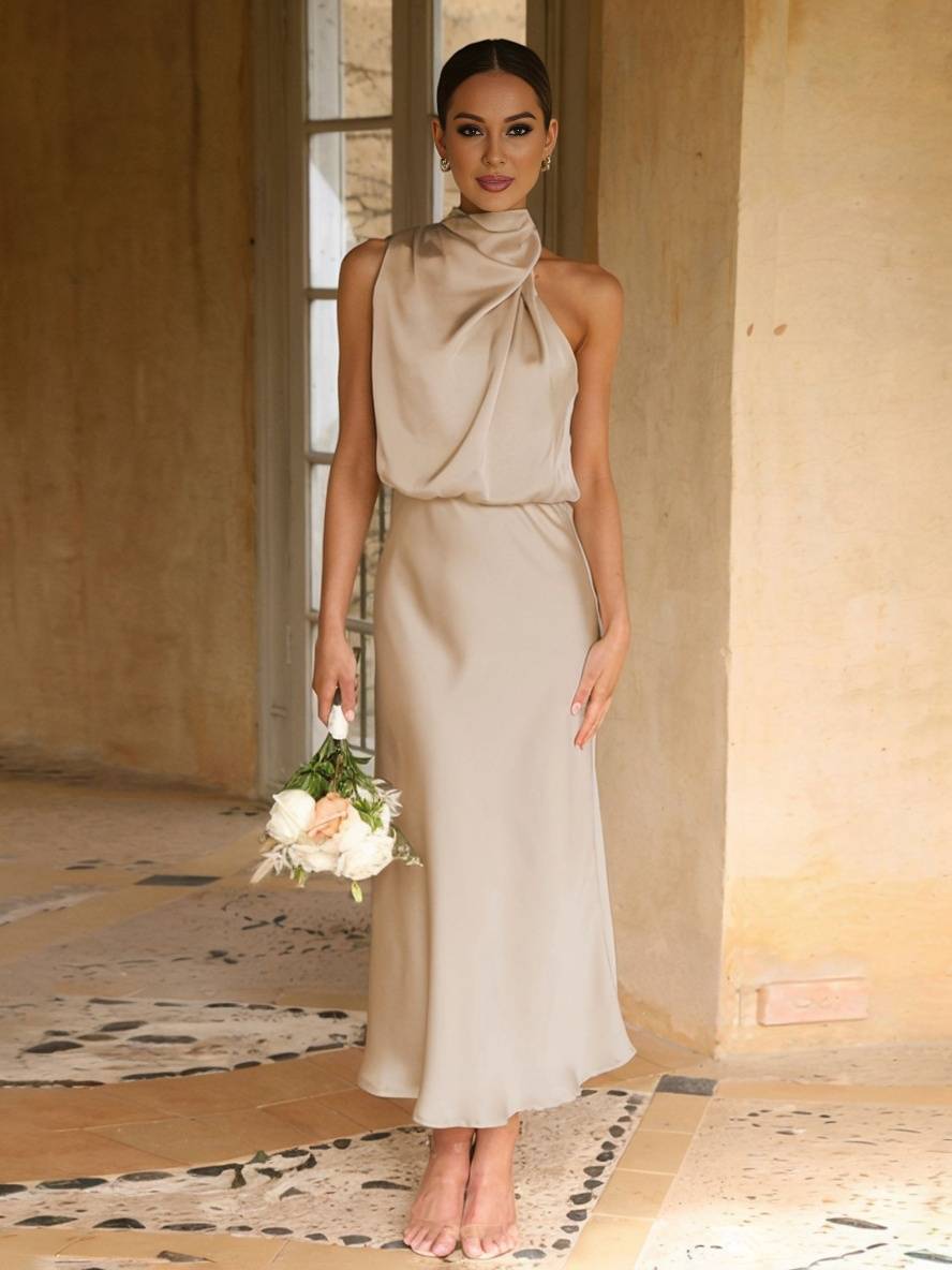 Echoarchiv | Lange Satin Brautjungfernkleid Unregelmäßiger Rollkragen Halsband Ärmless Elegant Abendkleid für Hochzeit
