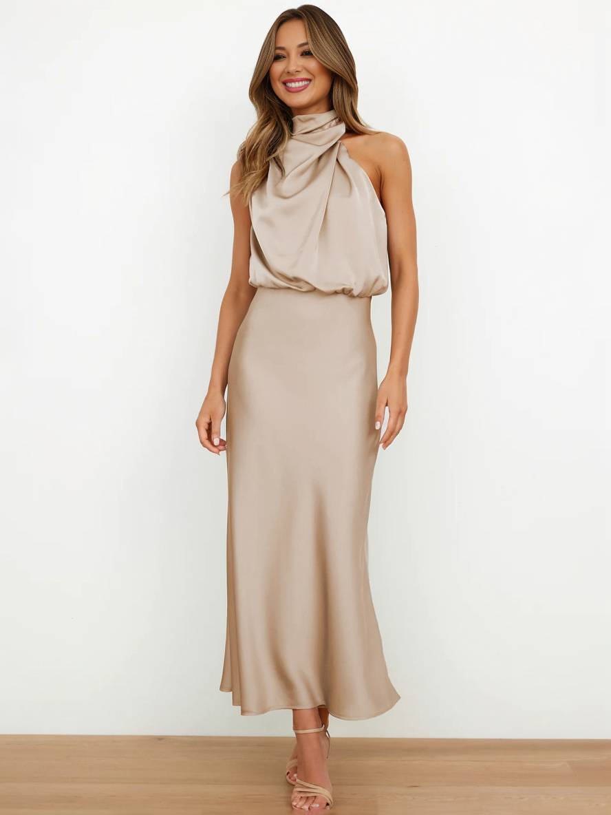 Echoarchiv | Lange Satin Brautjungfernkleid Unregelmäßiger Rollkragen Halsband Ärmless Elegant Abendkleid für Hochzeit