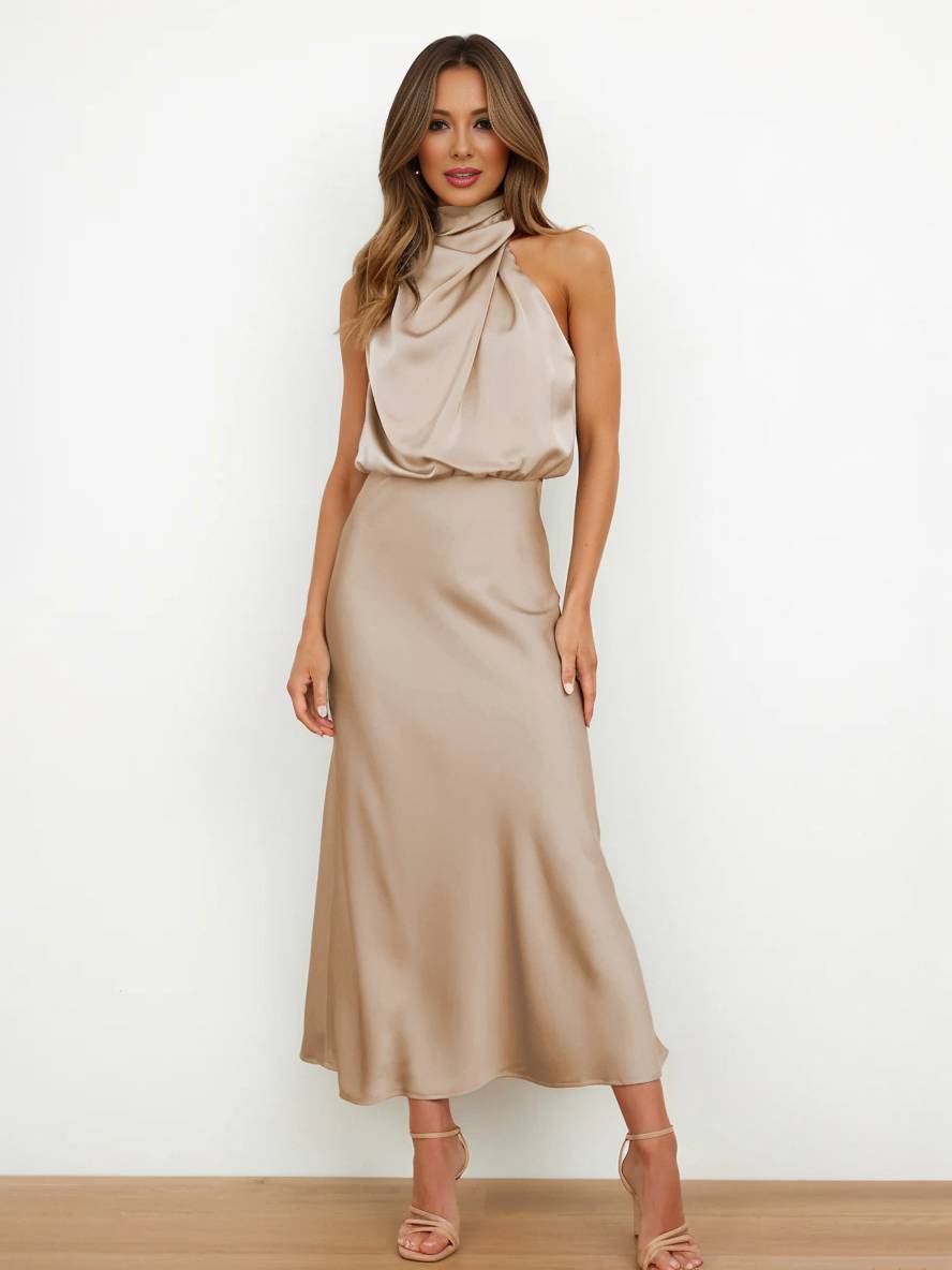Echoarchiv | Lange Satin Brautjungfernkleid Unregelmäßiger Rollkragen Halsband Ärmless Elegant Abendkleid für Hochzeit