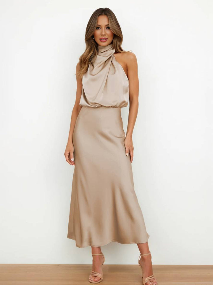 Echoarchiv | Lange Satin Brautjungfernkleid Unregelmäßiger Rollkragen Halsband Ärmless Elegant Abendkleid für Hochzeit