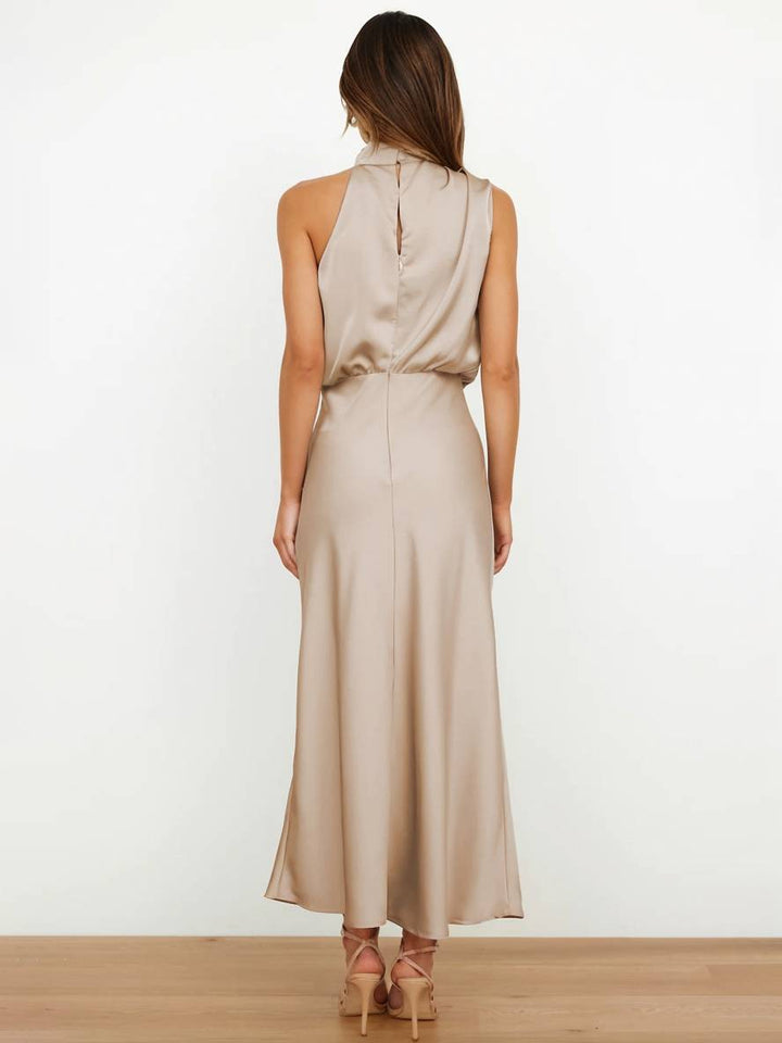 Echoarchiv | Lange Satin Brautjungfernkleid Unregelmäßiger Rollkragen Halsband Ärmless Elegant Abendkleid für Hochzeit