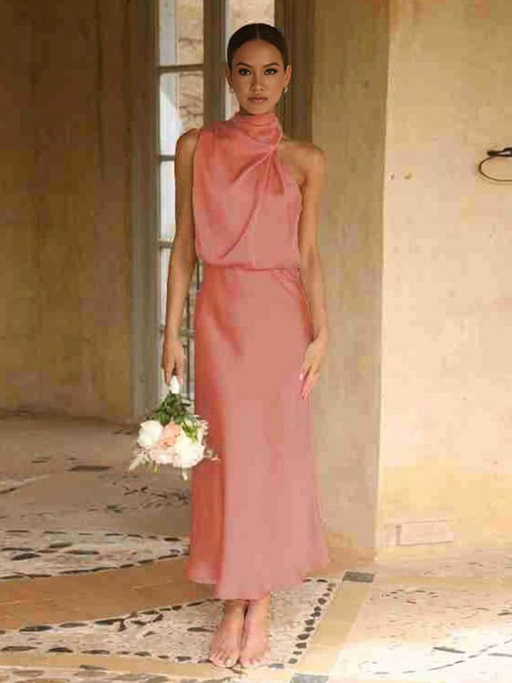 Echoarchiv | Lange Satin Brautjungfernkleid Unregelmäßiger Rollkragen Halsband Ärmless Elegant Abendkleid für Hochzeit