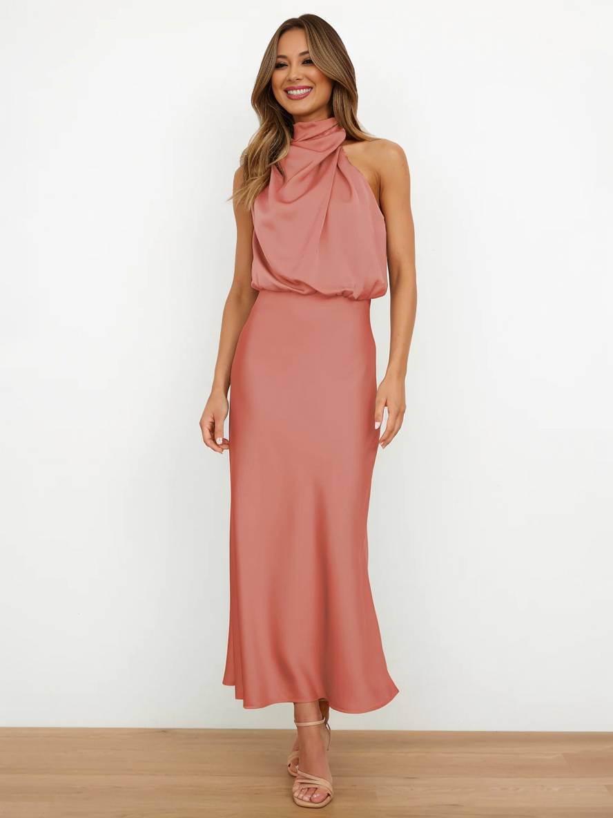 Echoarchiv | Lange Satin Brautjungfernkleid Unregelmäßiger Rollkragen Halsband Ärmless Elegant Abendkleid für Hochzeit