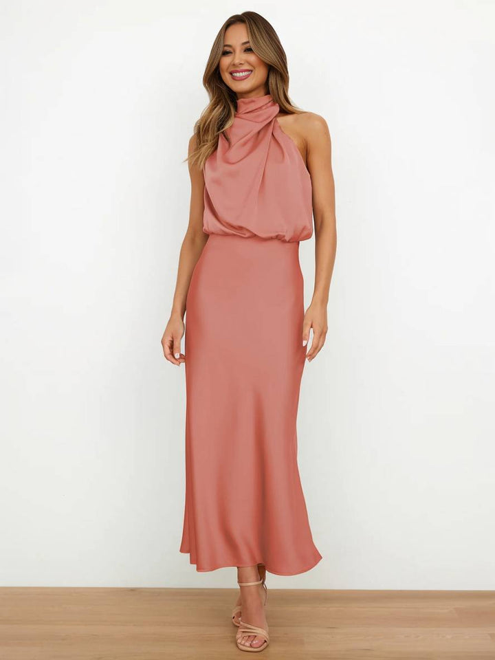 Echoarchiv | Lange Satin Brautjungfernkleid Unregelmäßiger Rollkragen Halsband Ärmless Elegant Abendkleid für Hochzeit