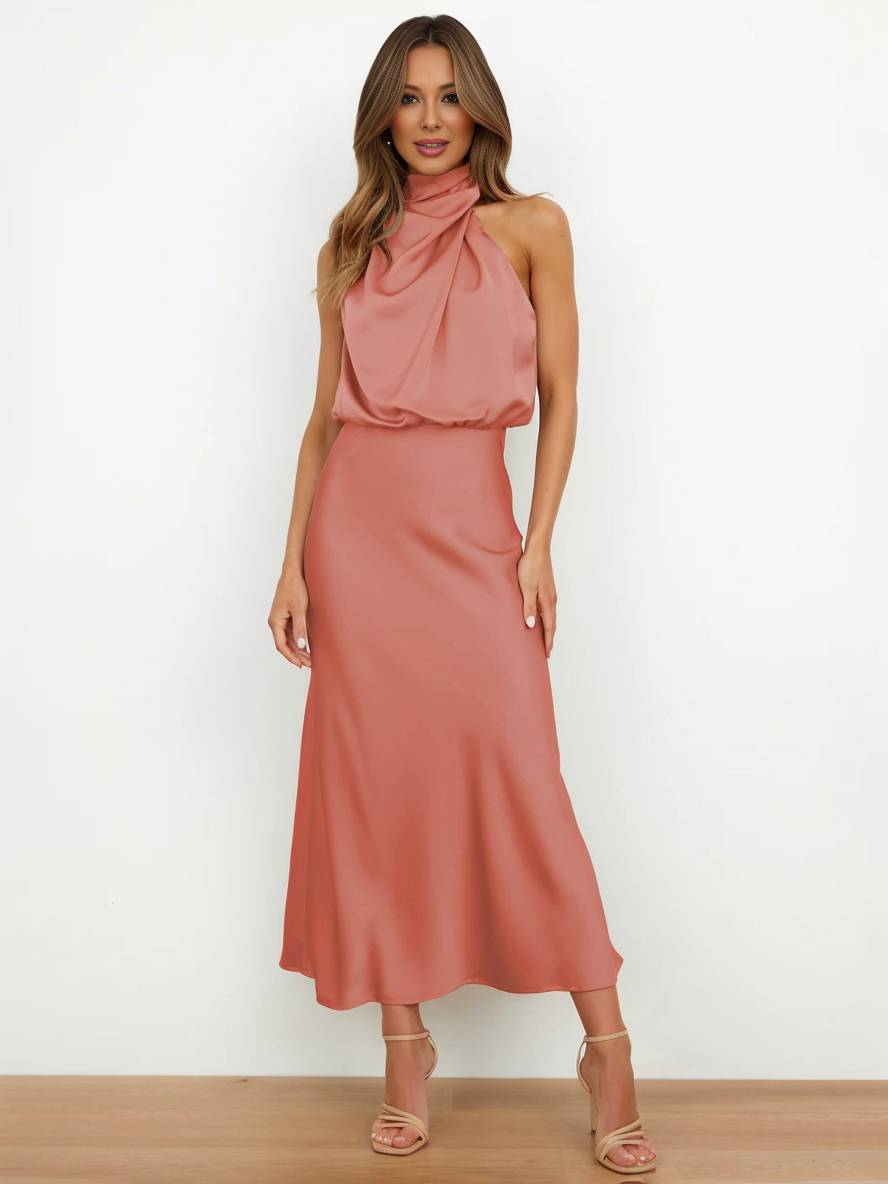 Echoarchiv | Lange Satin Brautjungfernkleid Unregelmäßiger Rollkragen Halsband Ärmless Elegant Abendkleid für Hochzeit