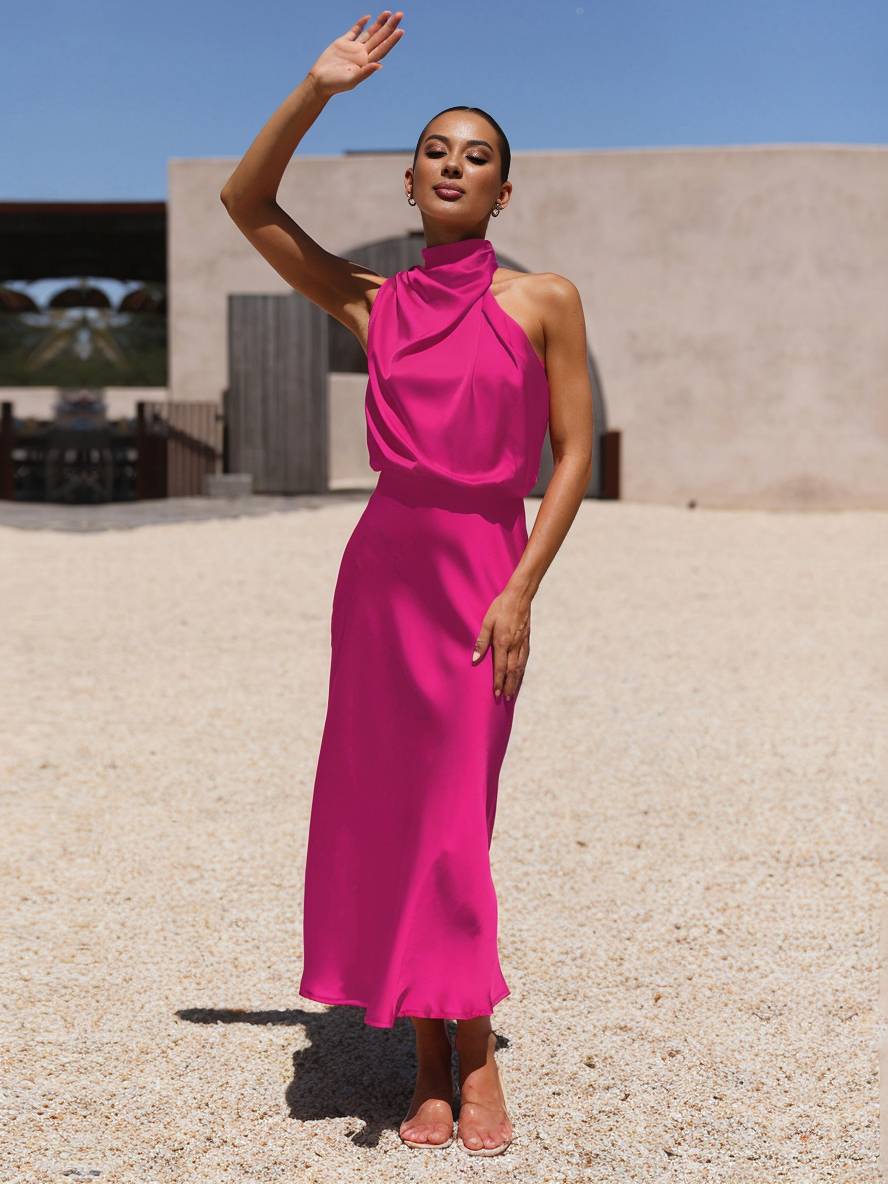 Echoarchiv | Lange Satin Brautjungfernkleid Unregelmäßiger Rollkragen Halsband Ärmless Elegant Abendkleid für Hochzeit