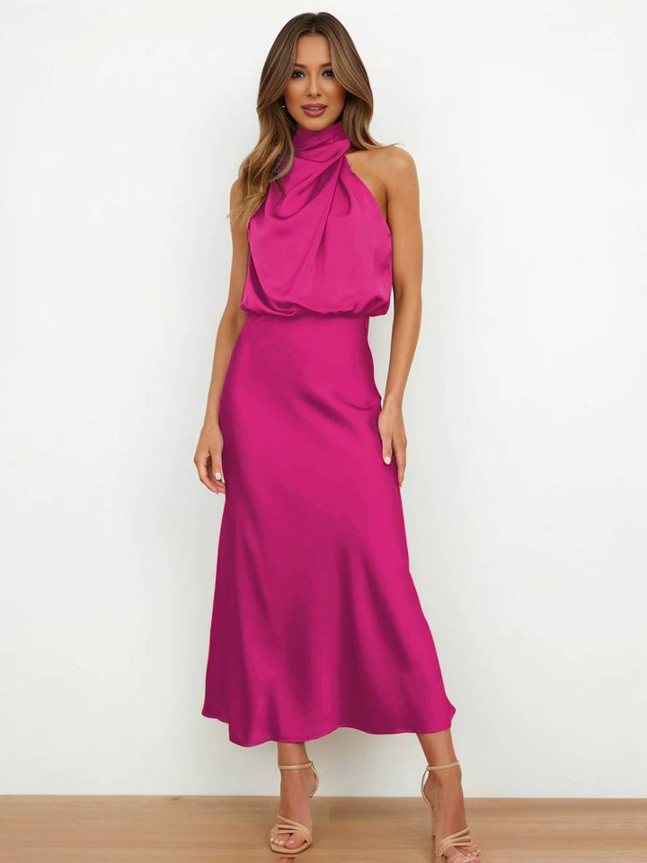 Echoarchiv | Lange Satin Brautjungfernkleid Unregelmäßiger Rollkragen Halsband Ärmless Elegant Abendkleid für Hochzeit