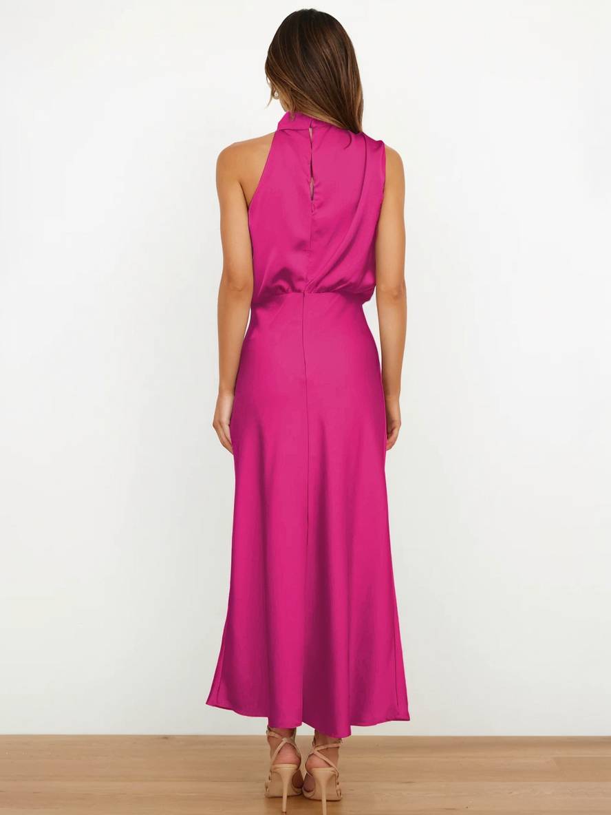 Echoarchiv | Lange Satin Brautjungfernkleid Unregelmäßiger Rollkragen Halsband Ärmless Elegant Abendkleid für Hochzeit