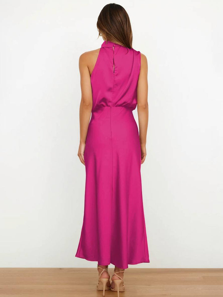 Echoarchiv | Lange Satin Brautjungfernkleid Unregelmäßiger Rollkragen Halsband Ärmless Elegant Abendkleid für Hochzeit