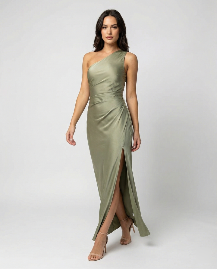 Echoarchiv | Kleid Brautjungfer aus Satin Eng mit Schlitz An Der Seite Eine Schulter Ohne Ärmel Elegantes Abendkleid für Hochzeit