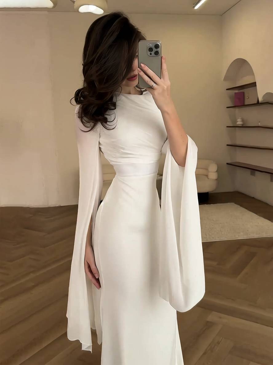 Echoarchiv | Langes Satin Kleid Enger Runder Ausschnitt Gesplittete Ärmel Lange Ärmel Damen Elegant Abend Ball Prom Zeremonie