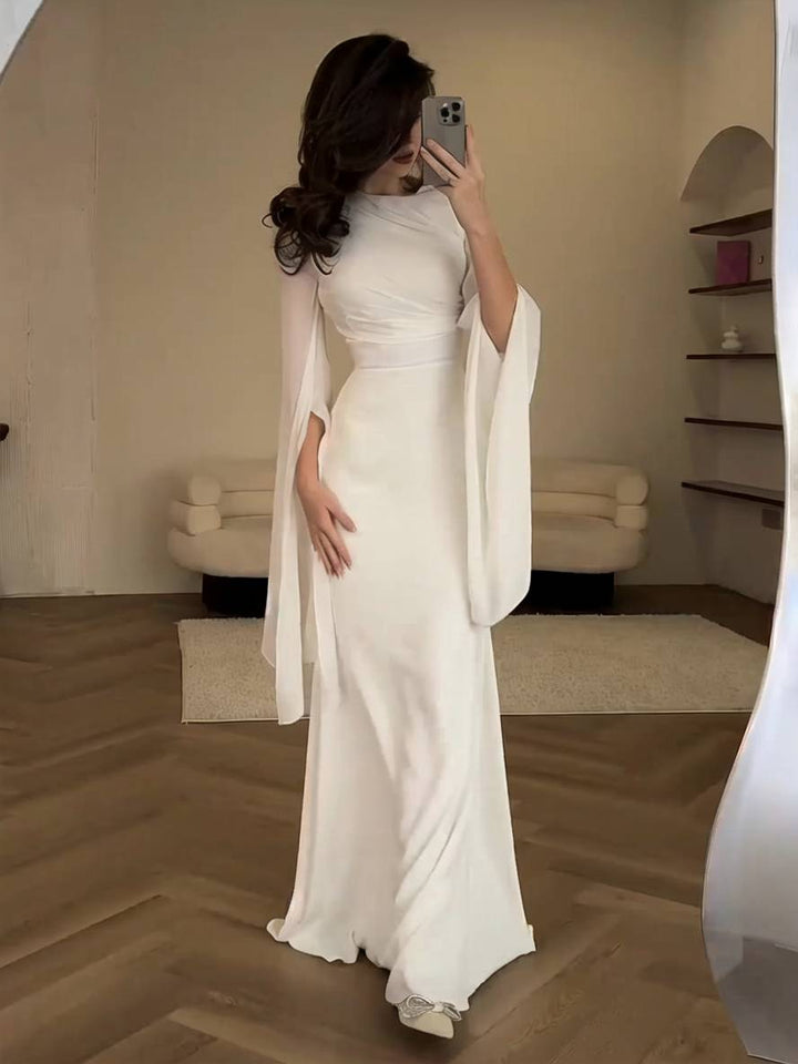 Echoarchiv | Langes Satin Kleid Enger Runder Ausschnitt Gesplittete Ärmel Lange Ärmel Damen Elegant Abend Ball Prom Zeremonie