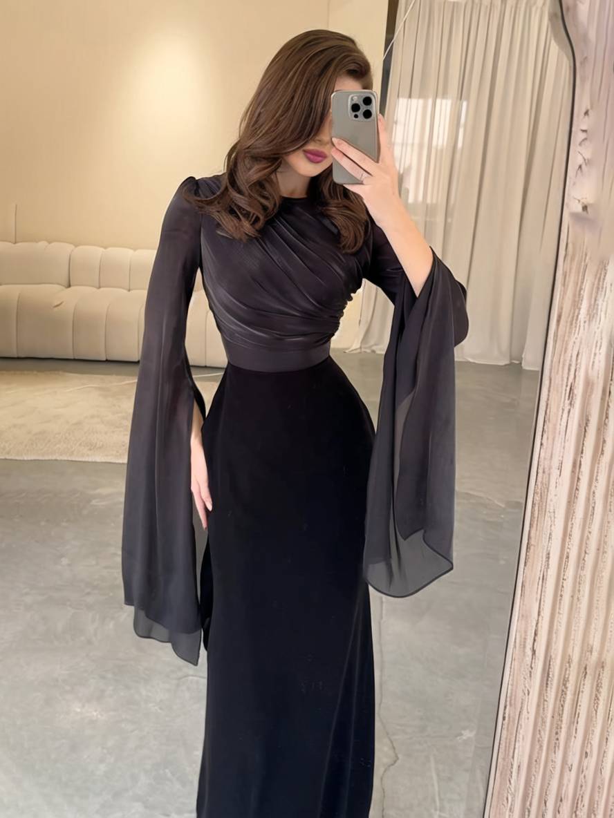 Echoarchiv | Langes Satin Kleid Enger Runder Ausschnitt Gesplittete Ärmel Lange Ärmel Damen Elegant Abend Ball Prom Zeremonie