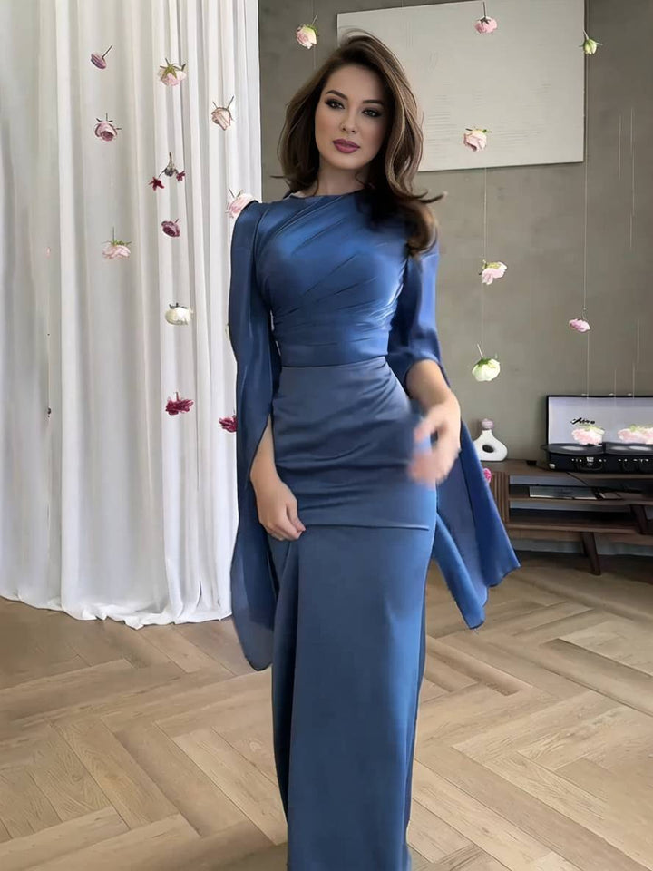 Echoarchiv | Langes Satin Kleid Enger Runder Ausschnitt Gesplittete Ärmel Lange Ärmel Damen Elegant Abend Ball Prom Zeremonie