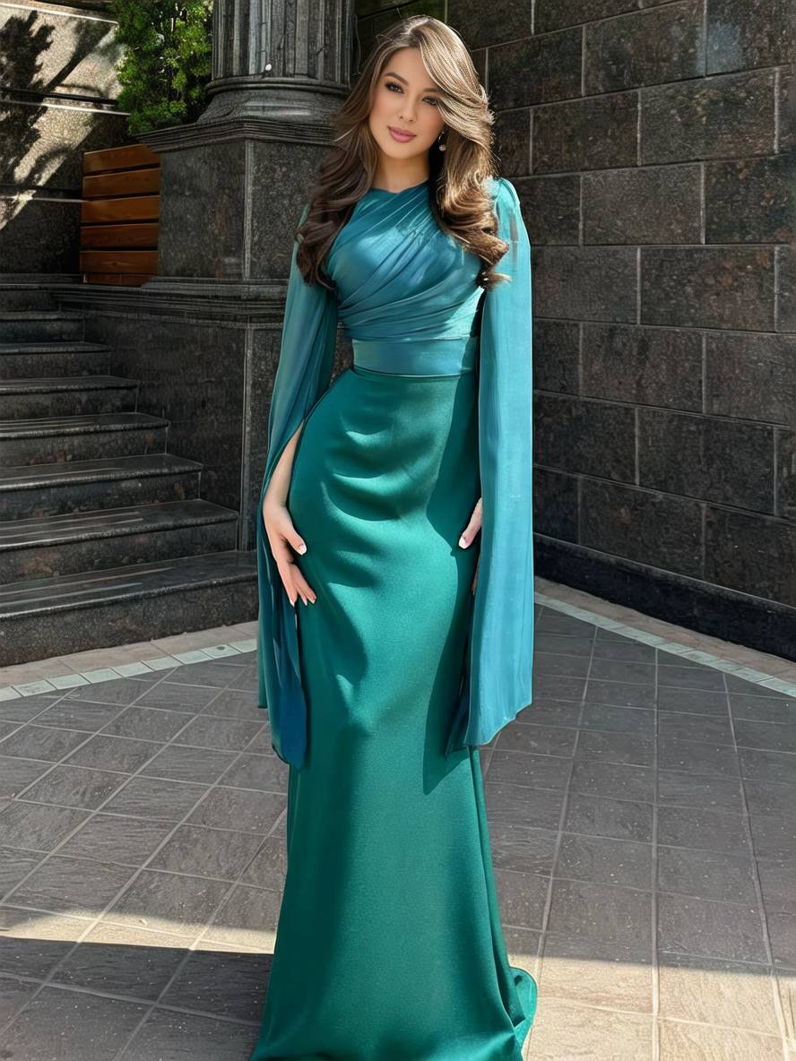 Echoarchiv | Langes Satin Kleid Enger Runder Ausschnitt Gesplittete Ärmel Lange Ärmel Damen Elegant Abend Ball Prom Zeremonie