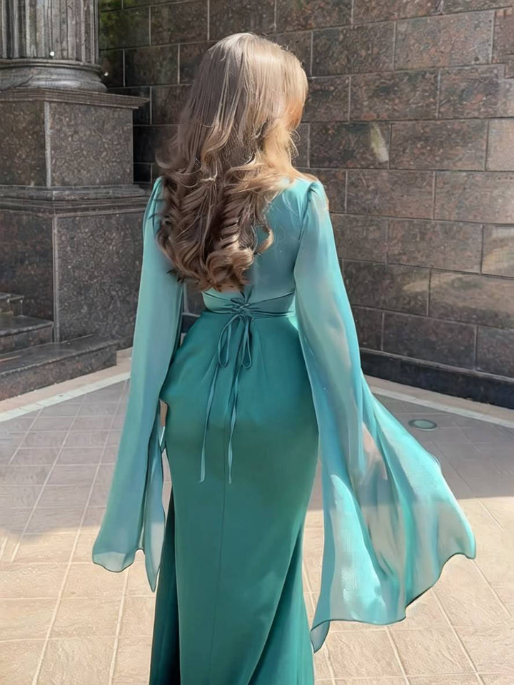 Echoarchiv | Langes Satin Kleid Enger Runder Ausschnitt Gesplittete Ärmel Lange Ärmel Damen Elegant Abend Ball Prom Zeremonie