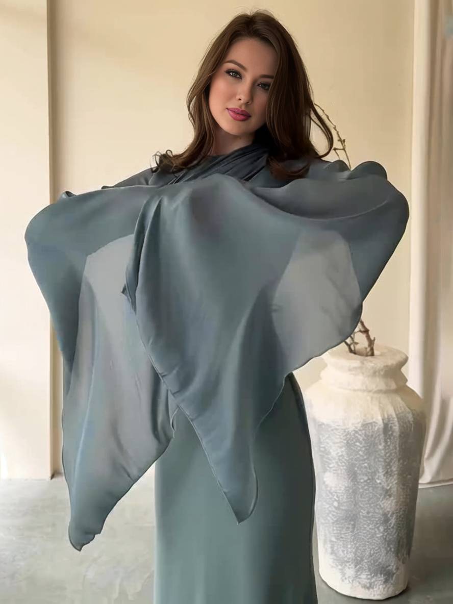 Echoarchiv | Langes Satin Kleid Enger Runder Ausschnitt Gesplittete Ärmel Lange Ärmel Damen Elegant Abend Ball Prom Zeremonie