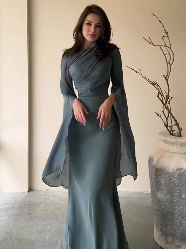 Echoarchiv | Langes Satin Kleid Enger Runder Ausschnitt Gesplittete Ärmel Lange Ärmel Damen Elegant Abend Ball Prom Zeremonie