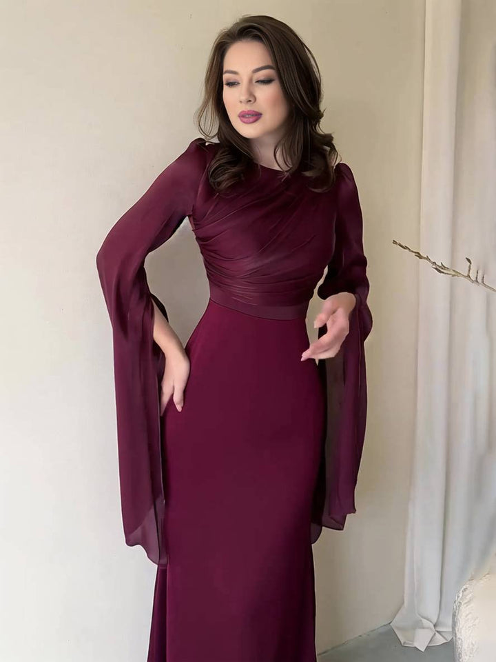 Echoarchiv | Langes Satin Kleid Enger Runder Ausschnitt Gesplittete Ärmel Lange Ärmel Damen Elegant Abend Ball Prom Zeremonie