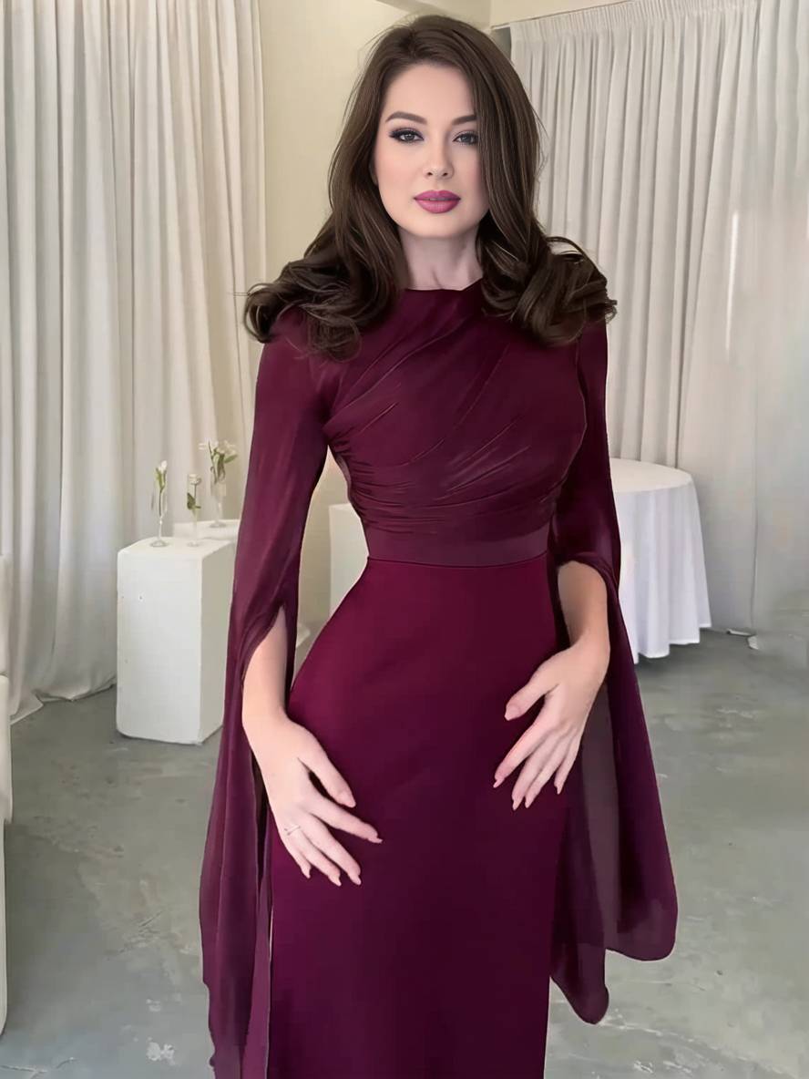 Echoarchiv | Langes Satin Kleid Enger Runder Ausschnitt Gesplittete Ärmel Lange Ärmel Damen Elegant Abend Ball Prom Zeremonie