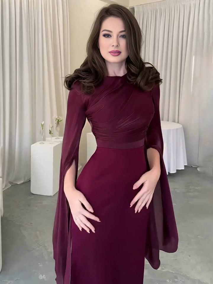 Echoarchiv | Langes Satin Kleid Enger Runder Ausschnitt Gesplittete Ärmel Lange Ärmel Damen Elegant Abend Ball Prom Zeremonie