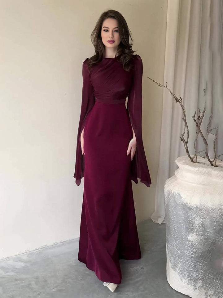 Echoarchiv | Langes Satin Kleid Enger Runder Ausschnitt Gesplittete Ärmel Lange Ärmel Damen Elegant Abend Ball Prom Zeremonie