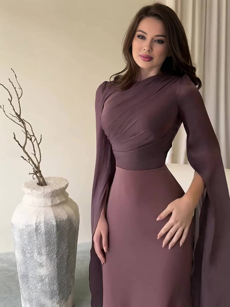 Echoarchiv | Langes Satin Kleid Enger Runder Ausschnitt Gesplittete Ärmel Lange Ärmel Damen Elegant Abend Ball Prom Zeremonie