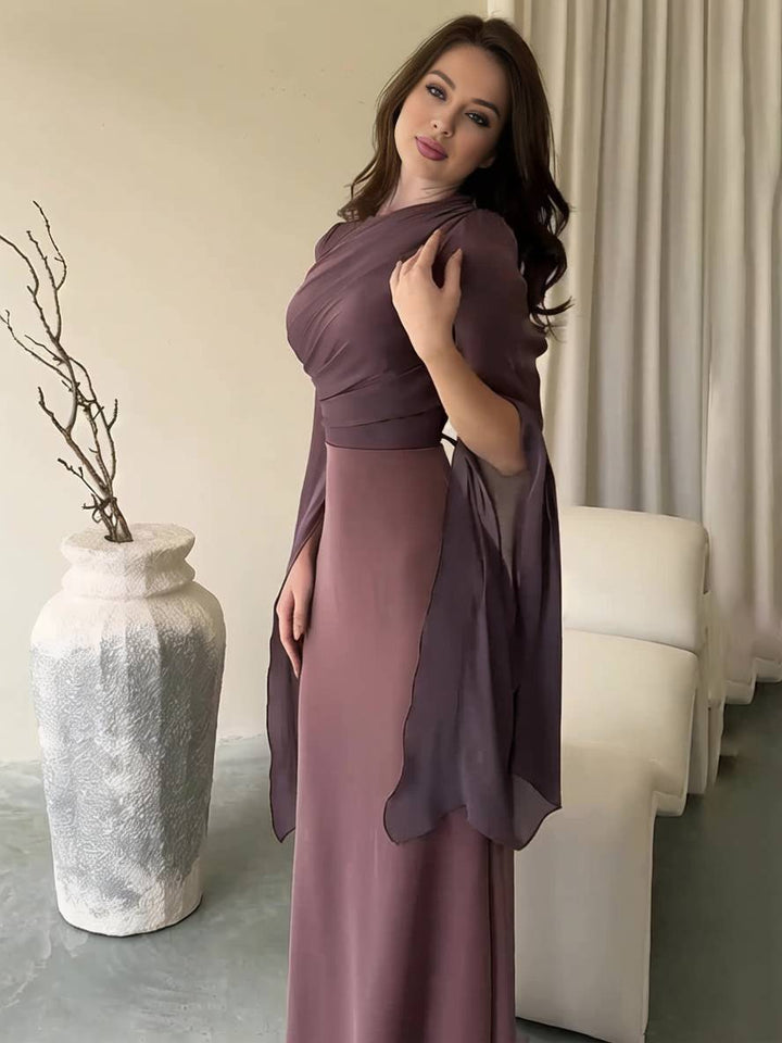 Echoarchiv | Langes Satin Kleid Enger Runder Ausschnitt Gesplittete Ärmel Lange Ärmel Damen Elegant Abend Ball Prom Zeremonie