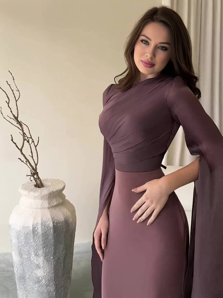 Echoarchiv | Langes Satin Kleid Enger Runder Ausschnitt Gesplittete Ärmel Lange Ärmel Damen Elegant Abend Ball Prom Zeremonie