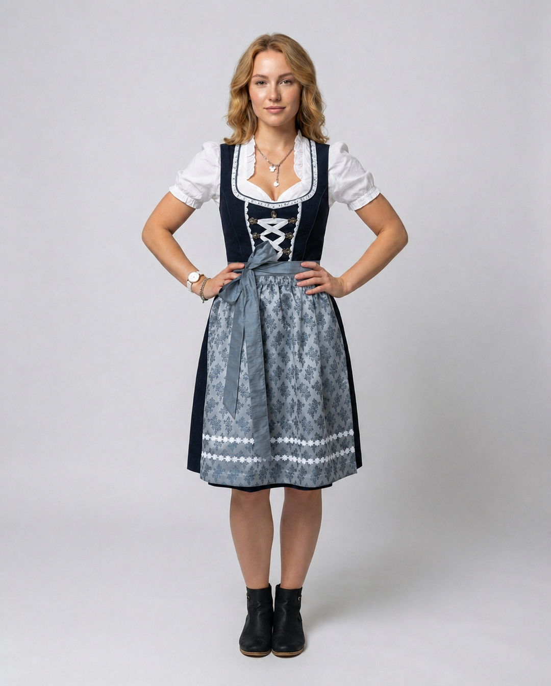 Damen-Dirndl mit Schürze | Trachtenkleid in Dunkelgrau, Modell 882