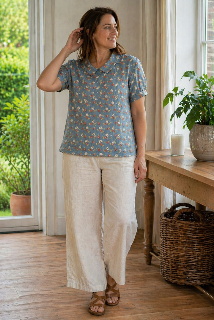 Echoarchiv Damen Bluse Kurzarm mit Blumendruck und Kragen Locker