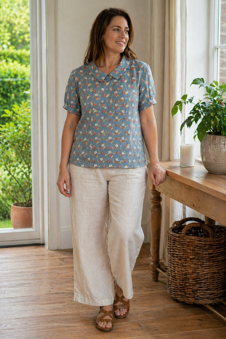 Echoarchiv Damen Bluse Kurzarm mit Blumendruck und Kragen Locker