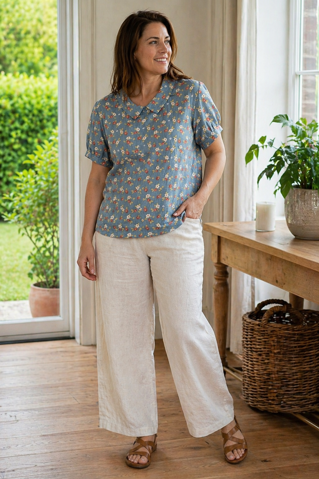 Echoarchiv Damen Bluse Kurzarm mit Blumendruck und Kragen Locker