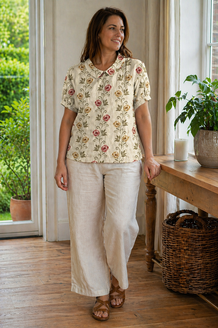 Echoarchiv Damen Bluse Kurzarm mit Blumendruck und Kragen Locker