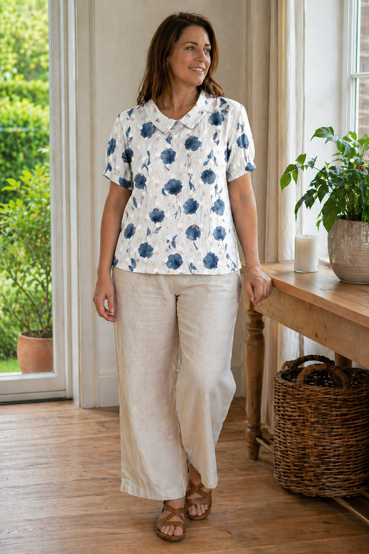 Echoarchiv Damen Bluse Kurzarm mit Blumendruck und Kragen Locker