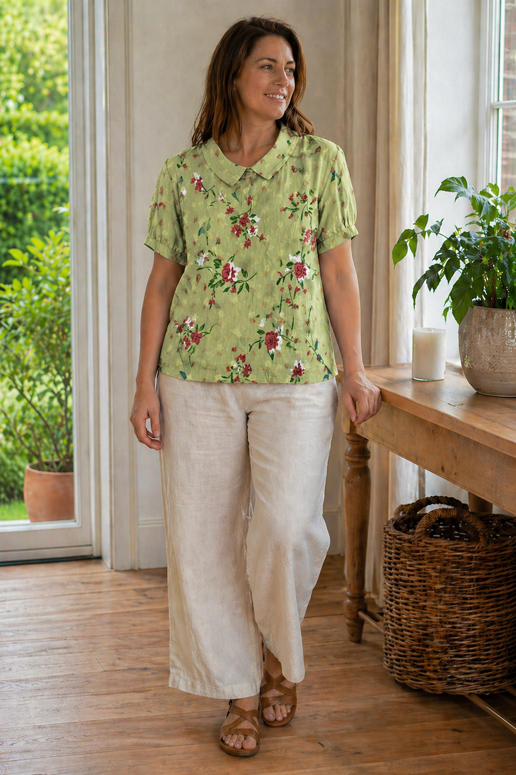 Echoarchiv Damen Bluse Kurzarm mit Blumendruck und Kragen Locker