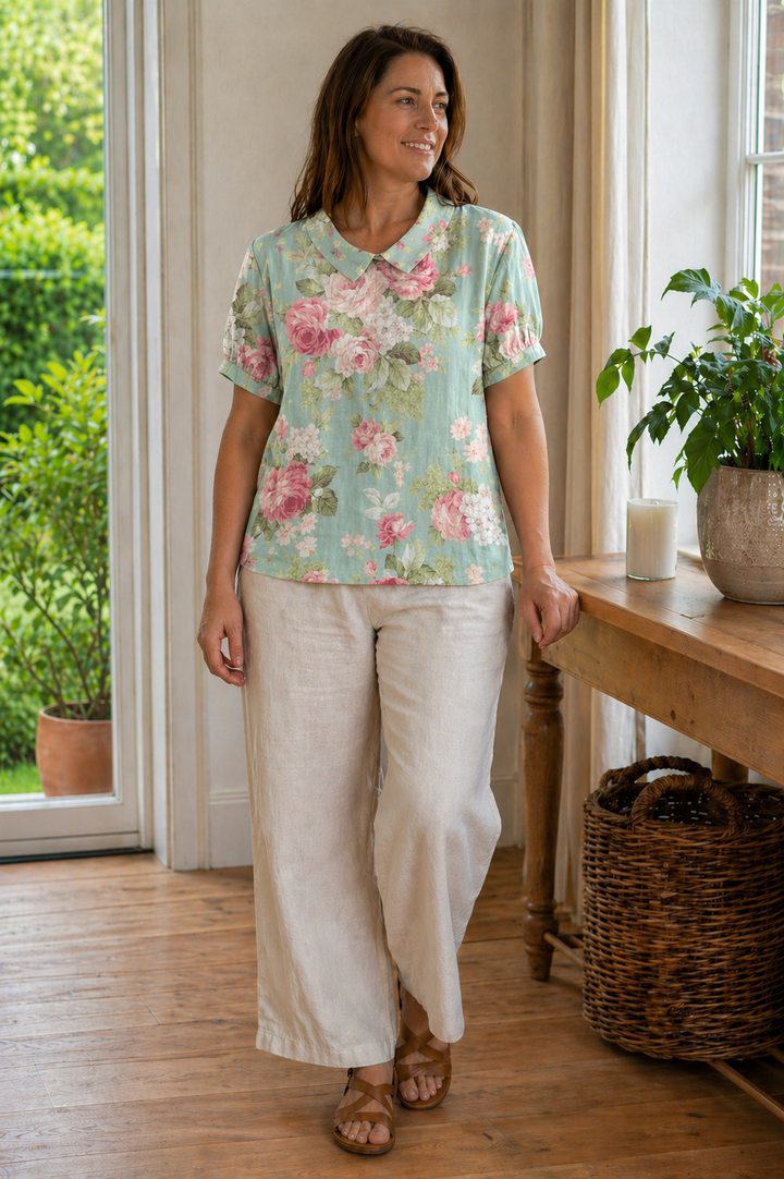 Echoarchiv Damen Bluse Kurzarm mit Blumendruck und Kragen Locker