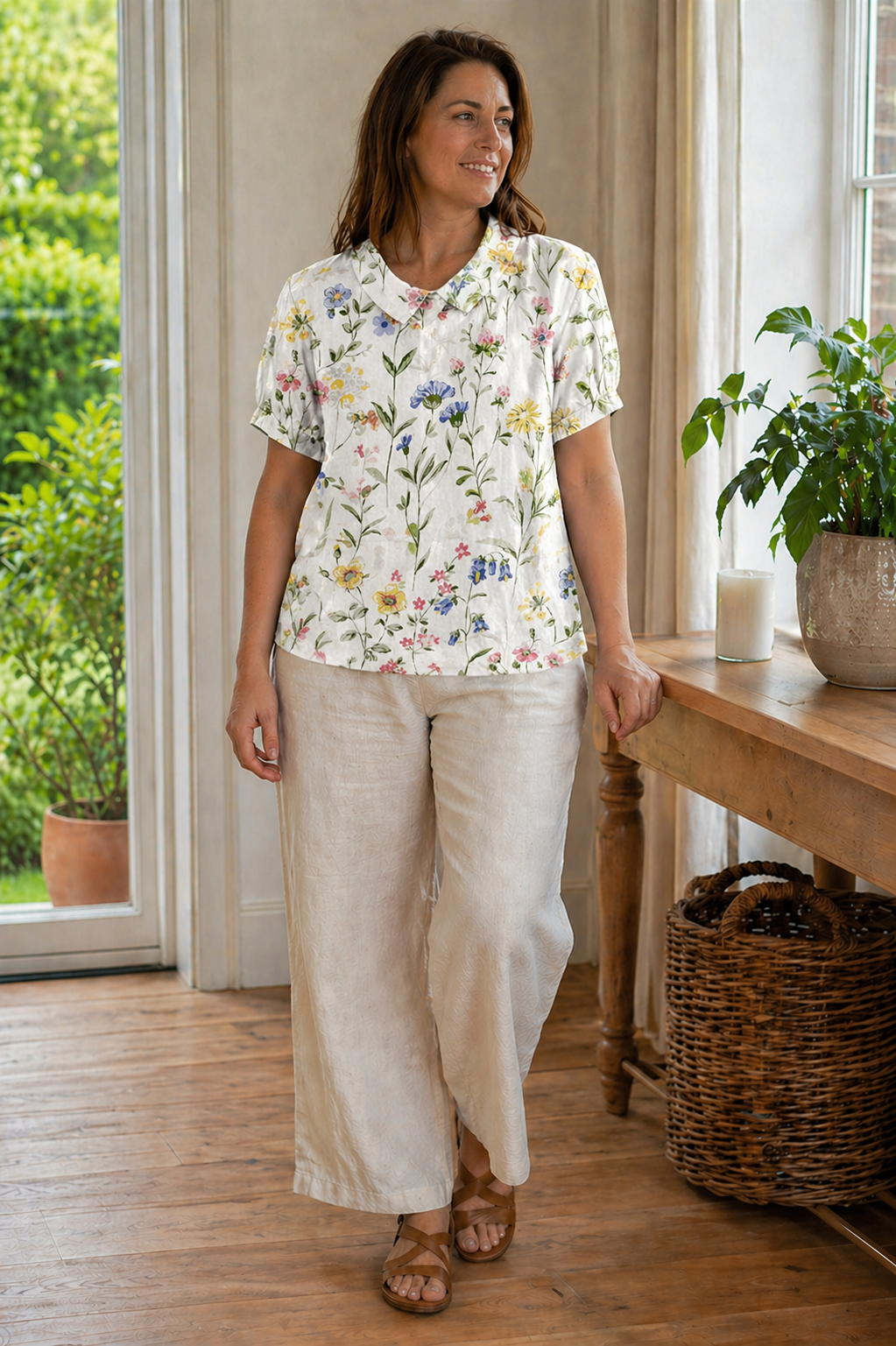 Echoarchiv Damen Bluse Kurzarm mit Blumendruck und Kragen Locker