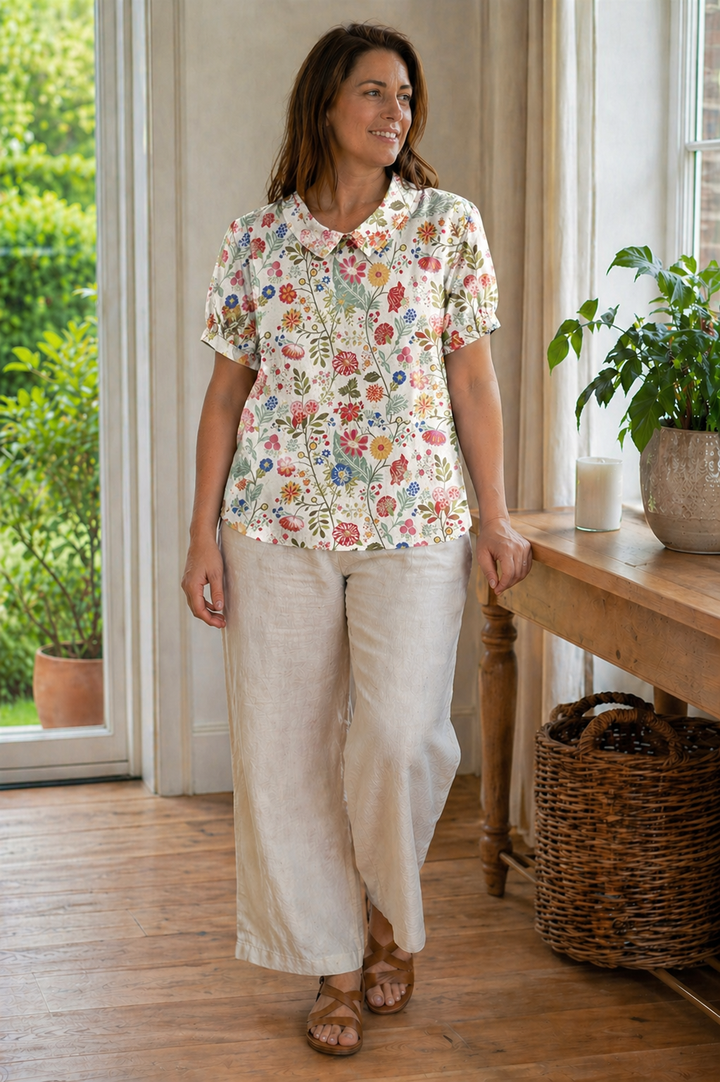 Echoarchiv Damen Bluse Kurzarm mit Blumendruck und Kragen Locker